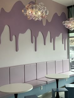 the purple and white wall is painted with ice cream dripping down it's sides