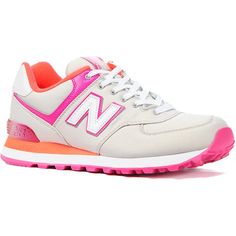 New Balance The 574 Classic Sneaker in White, Orange and Pink Neon ($34) found on Polyvore Pink And Orange New Balance, Pink And Orange Shoes, Hot Pink New Balance, Pink New Balance, Trendy Shoes Sneakers, Pretty Shoes Sneakers, Work Sneakers, Cute Shoes Heels