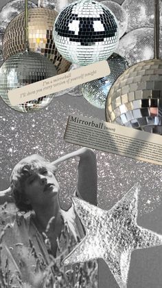 a collage of disco balls and stars with a woman looking up at the ceiling