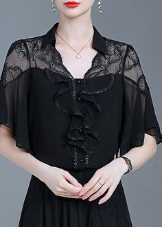 Beautiful Black Ruffled Lace Patchwork Chiffon Shirt SummerFabric: ChiffonSize & Fit: Fit: This garment fits true to size.Length: Size S measures 23.01"from shoulder to hemBust: Great for any cup size. Waist: Loose Fit. Comfortable room throughout midsection.Hip: Loose Fit - room for hips. Hand Wash Cold. Black Chiffon Formal Tops, Black Chiffon Blouse For Formal Occasions, Formal Black Chiffon Blouse, Chic Short Sleeve Blouse With Lace Patchwork, Elegant Black Chiffon Blouse, Black Chiffon Office Tops, Black Chiffon Tops For Office, Elegant Black Chiffon Top, Fitted Black Chiffon Blouse