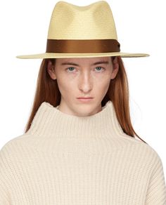 Woven straw panama hat in beige. Webbing trim throughout. Supplier color: Natural Chic Cream Panama Hat In Toquilla Straw, Chic Beige Toquilla Straw Panama Hat, Beige Toquilla Straw Fedora Panama Hat, Beige Panama Hat With Flat Brim For Spring, Beige Toquilla Straw Panama Hat For Spring, Spring Beige Panama Hat In Toquilla Straw, Brown Toquilla Straw Panama Hat For Spring, Beige Toquilla Straw Fedora For Spring, Beige Fedora Panama Hat For Spring