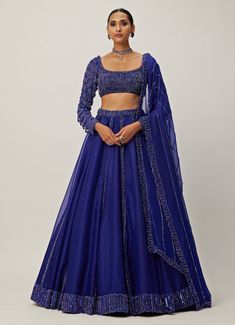 Blue Crystal And Sequin Embroidered Organza Lehenga Vvani By Vani Vats - Fabilicious Fashion Shimmer Lehenga Sequins, Shimmer Lehenga, Sequins Lehenga Choli, Sequins Lehenga, Vani Vats, Crystal Work, Ethereal Elegance, Lehenga Dupatta, Organza Lehenga