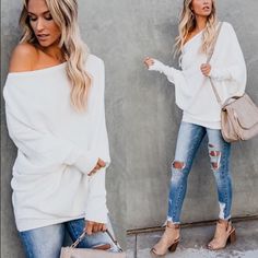 Oversized Fit S 4-6 M 8-20 L 12-14 White Sweater Women, Off White Sweater, White Oversized Sweater, Dolman Sleeve Sweater, Velour Tops, Pink Bodycon Dresses, Cold Shoulder Sweater, Off Shoulder Sweater, Cotton Pullover