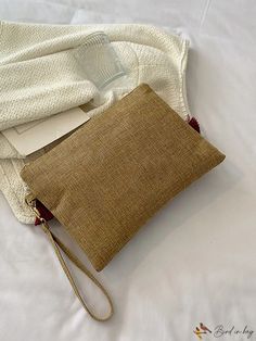 BirdinBag - Square Bag with Stylish Tassel Detail Embellished Clutch, Wristlet Bag, Bag Bag, Square Bag, Unique Charms, Color Khaki, Polyester Material, Burlap Bag, 4 Inch