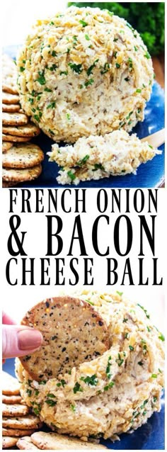 the french onion and bacon cheese ball is stacked on top of crackers