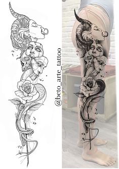 a woman's leg with tattoos and flowers on it