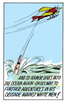 an airplane flying through the sky with a caption below it that reads, and so namor drives into the ocean again