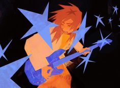 a painting of a person playing an electric guitar with stars in the sky behind them