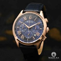 Montre Bulova | Montre Homme Bulova Wilton - 97B170 Or Rose Classic Blue Chronograph Watch For Formal Occasions, Timeless Rose Gold Chronograph Watch Accessories, Classic Rose Gold Chronograph Watch, Timeless Rose Gold Chronograph Watch With Metal Dial, Classic Rose Gold Analog Chronograph Watch, Classic Chronograph Watch With Metal Dial For Business, Classic Chronograph Watch For Business With Metal Dial, Classic Rose Gold Chronograph Watch With Subdials, Classic Rose Gold Watch With Tachymeter