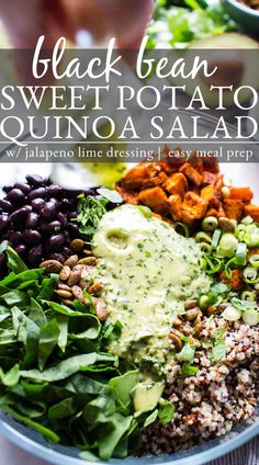 Sweet Potato Quinoa Salad with dressing being poured over it. Sweet Potato Quinoa Salad, Black Bean Sweet Potato, Sweet Potato Quinoa, Mexican Flavors, Healty Dinner, Bean Salad Recipes, Quinoa Salad Recipes, Photo Food, Salad With Sweet Potato