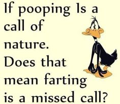 a cartoon duck with a caption saying if pooping is a call of nature, does that mean faring is missed call?