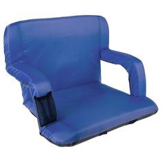 a blue office chair with arms and legs