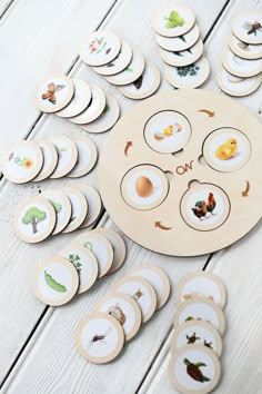 an assortment of wooden buttons and magnets with animals on them sitting next to each other