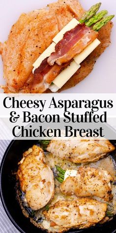 chicken breast, asparagus and bacon stuffed sandwich in a skillet