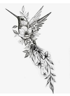 a drawing of a hummingbird with flowers and leaves