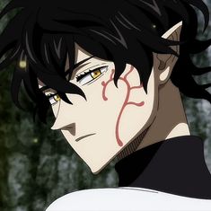 an anime character with black hair and red eyes looking to his left, while staring at the camera