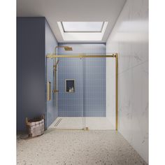 a bathroom with a skylight above the shower and blue tile on the walls, along with a basket