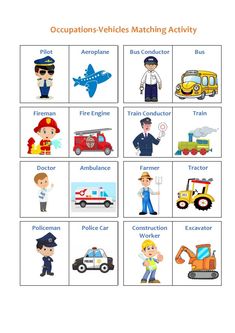 an activity sheet for children to learn matching vehicles and words with pictures on the back