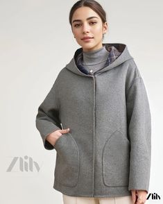 Zlily - Wool Blend Hooded Coat with Double-sided Design Hooded Coat, Types Of Collars, Wool Blend, Types Of Sleeves, Double Sided, Solid Color, Sleeve Length, Wool, Pattern