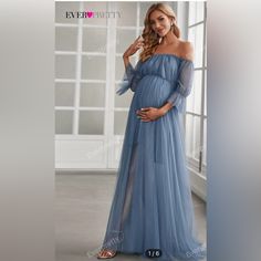 Nwt Tulle Off The Shoulder Dress With Skirt Lining. Zipper Back Off The Shoulder Tulle Dress, Dress With Skirt, Blue Maternity Dress, Ever Pretty, Baby Shower Dresses, Maternity Gowns, Shein Dress, Off The Shoulder Dress, Flounce Sleeve