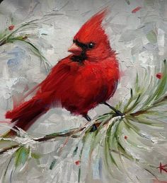 a painting of a red cardinal perched on a branch with pine needles in the foreground