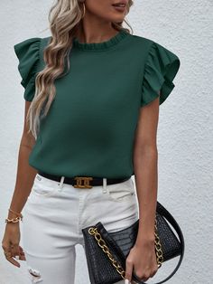 Dark Green Elegant  Cap Sleeve Polyester Plain Top Embellished Slight Stretch Summer Women Tops, Blouses & Tee Office Clothes, Cap Sleeve Blouse, Top Clothes, Cap Sleeves Blouse, Ruffle Sleeve Blouse, Casual Cap, Maxi Dress Formal, Women Blouses, Loose Blouse