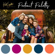 a family sitting on an old truck with the color palettes in front of them