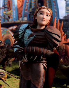 an animated character standing in front of a dragon and another creature on the other side