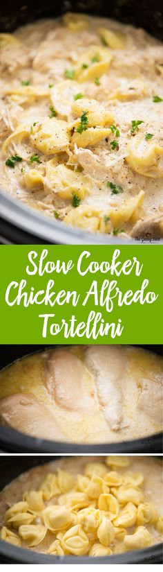 slow cooker chicken alfredo tortellini in the crock pot with text overlay