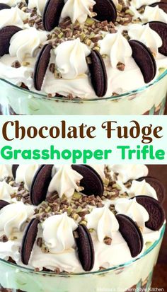 chocolate fudge grasshopper trifle in a glass dish