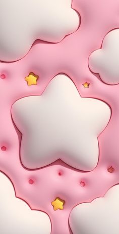 an abstract pink and white background with gold stars on it's sides, as well as clouds