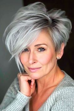 Disconnected Pixie Bob, Pixie Bob Haircuts For Women, Trendy Silver Hair, Pixie Bob Thick Hair, Short Salt And Pepper Hair, Undercut Pixie Cut, Razored Pixie, Short Asymmetrical Haircut, Grey Hair Over 50