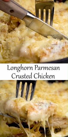 two pictures showing how to make copycat longhorn parmesan crusted chicken