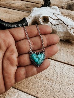 "Add a statement piece to your look with The Heart Necklace. Features a Turquoise Heart Shaped Pendant necklace. Crafted from 18\" sterling silver cable chain for a unique and eye-catching accessory that matches any look. Grab yours now. HEART NECKLACE Stone Heart Western chain necklace | blue turquoise  | Punchy Cowgirl | Western Rodeo Necklace *Jewelry is final sale and not applicable for exchanges or returns*" Punchy Cowgirl, Western Fashion Jewelry, Heart Shaped Pendant Necklace, Heart Shaped Pendant, Cowgirl Jewelry, Necklace Stone, Western Rodeo, Turquoise Heart, Jewelry Accessories Ideas