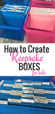 several blue and pink boxes with the words how to create keeps for kids on them