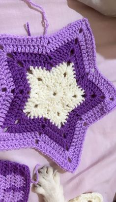 a dog laying on top of a bed next to a purple crocheted blanket