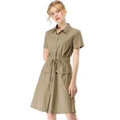 The casual, elegant look of this pretty dress will keep you looking great all the time. The short-sleeve shirt dress is cut with a relaxed silhouette and features a drawstring to cinch in the waist and plenty of practical pockets. Pair it with ankle boots or heels for a chic silhouette. Perfect for spring, summer, and autumn, and it is also suitable for any occasion. Khaki Short Sleeve Relaxed Fit Dress, Khaki Short Sleeve Dress With Relaxed Fit, Khaki Relaxed Fit Short Sleeve Dress, Summer Collared Shirt Dress In Khaki, Summer Collared Khaki Shirt Dress, Summer Khaki Button-up Shirt Dress, Khaki Short Sleeve Shirt Dress For Spring, Khaki Short Sleeve Summer Dress, Khaki Button-up Shirt Dress For Summer