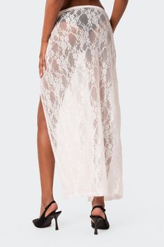 Maxi skirt Ultra side slit Low rise waist Sheer lace fabric Matching set Polyester, Spandex Model wears size S Model height is 5'9 Item care: Wash with similar color Lace Maxi Skirt, Fabric Matching, Maxi Lace Skirt, Swimwear Dress, Lace Maxi, Sheer Lace, White Skirts, S Models, Lace Fabric