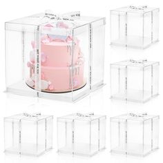 there are six clear boxes with pink cake in them