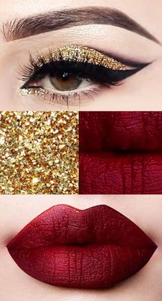 One of the best Christmas makeup looks - gold glitter eyeshadow, sexy eyeliner plus dark wine lipstick - fab! | makebeautysimple.com @Cath_Millen Dark Eyeliner, Gold Glitter Eyeshadow, Nails Videos, Lip Balm Brands, Tutorial Eyeshadow, Smink Inspiration, Eyeliner Makeup, Makijaż Smokey Eye