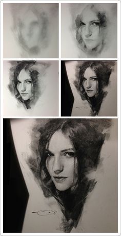 four different images of a woman's face and head in various stages of drawing