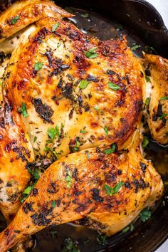 a close up of a chicken in a pan with herbs on the top and sides