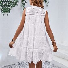 Get in the vacation spirit with the Rosa Clothing Stylish Resort White Dress! This ladies' eyelet sundress features a playful collar tie front, making it the perfect choice for your Summer getaway. Whether you're hitting the beach, cruising, or just lounging at a resort, this dress will keep you stylish and comfortable. Don't forget to pack it for your next trip! Style: RCJW00818 Lace Babydoll Dress, Sleeveless Skirt, Dress Sleeve Length, White Sleeveless Dress, White Dresses For Women, Lace Babydoll, Loose Outfit, White Sleeveless, Sleeveless Mini Dress