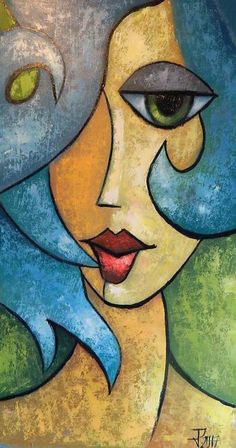 an abstract painting of a woman's face with green eyes and blue leaves on it