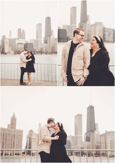 a couple kissing in front of the city skyline