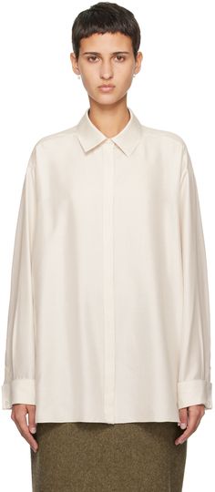 Silk poplin shirt. Stripes throughout. · Spread collar · Concealed button closure · Shirttail hem · French cuffs · Twin pleats at back yoke · Mother-of-pearl hardware Supplier color: Beige w/ stripe Elegant Shirt With Shirttail Hem And Placket, Elegant Shirt With Placket And Shirttail Hem, Classic White Blouse With Concealed Placket, Classic White Silk Shirt, Daywear Shirt With Concealed Placket And Lapel Collar, Elegant Shirt With Concealed Placket And Shirttail Hem, Classic Formal Blouse With Shirttail Hem, Classic Blouse With Shirttail Hem For Formal Occasions, Formal Shirt With Concealed Placket And Shirttail Hem