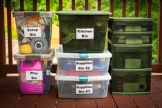 plastic containers are stacked on top of each other