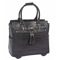 Arrive In Style With The Elegant Alligator Timeless Rolling Ipad, Tablet Or Laptop Holdall Tote Bag. The Perfect Carryall Holdall For Work, School Or Travel. - Classic Black Faux Alligator Exterior With Accent Belt And Two Decorative Tassels. - Silver Tone Hardware Plus A Lovely Silver/Black Etched Pendant. - Fully Lined Interior With Five (5) Interior Pockets Plus Three (3) Exterior Pockets. - Padded Pocket Fits Up To A 17" Inch Laptop. The Main Compartment (Outside Of The Laptop Pocket), Will Briefcase For Women, Rolling Laptop Bag, Rolling Briefcase, Rolling Tote Bag, Decorative Tassels, Rolling Tote, Rolling Bag, Company Bag, Black Alligator