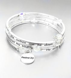 Inspirational Silver Twist Wrap PSALMS 23 scripture Inscribed Crystals Charms Bracelet     Always have the inspirational words of scripture with you anywhere you go!  This inspirational bracelet has twisting silver plated metal links inscribed with "PSALMS 23" scripture and shimmer AB lucite crystals and a small cross and disk charms.     PSALMS 23 - The Lord is my shepherd, I shall not be in want, He makes me lie down in green pastures, he leads me beside quiet waters, he restores my soul, He guides me in paths of righteousness for his name sake."     ***  BRAND NEW  ***   Silver Plated Metal / AB Lucite Crystals   MEASURES:  4mm silver links  x  1" Wide TWIST WRAP FITS ANY SIZE WRIST   Visit Our eBay Store SHOPLOTUSPANDA Click to view supersize image Click to view supersize image Payment He Restores My Soul, Psalms 23, Green Pastures, The Lord Is My Shepherd, Inspirational Bracelets, Charms Bracelet, Small Crosses, Crystal Charm, Bracelets And Charms