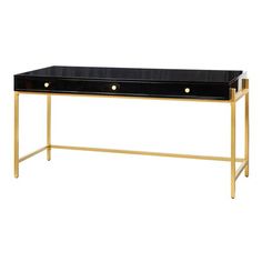 Featuring a wood surface with three drawers in blue, black or white, the versatile Dennis desk is available in short and long sizes to redefine your workspace. This 3-drawer desk is firmly anchored by a sleek and durable gold-iron frame that maximizes leg room with a warm touch of glam. Pair your favorite wood finish with the ideal desktop size to remake your study, refashion your home office or repurpose an unused corner of the home. Campaign Desk, Wood Desks, Wood And Gold, Desks Home Office, Drawer Desk, Computer Desks, Metal Desk, Metal Desks, Office Furniture Desk